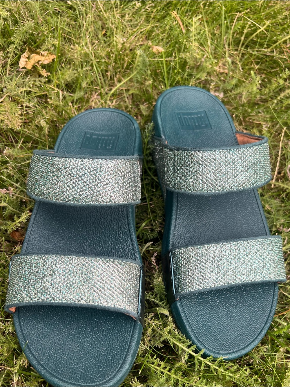 Fitflop Teal Sparkle Double Strap LULU shimmerglitz Slide Sandals